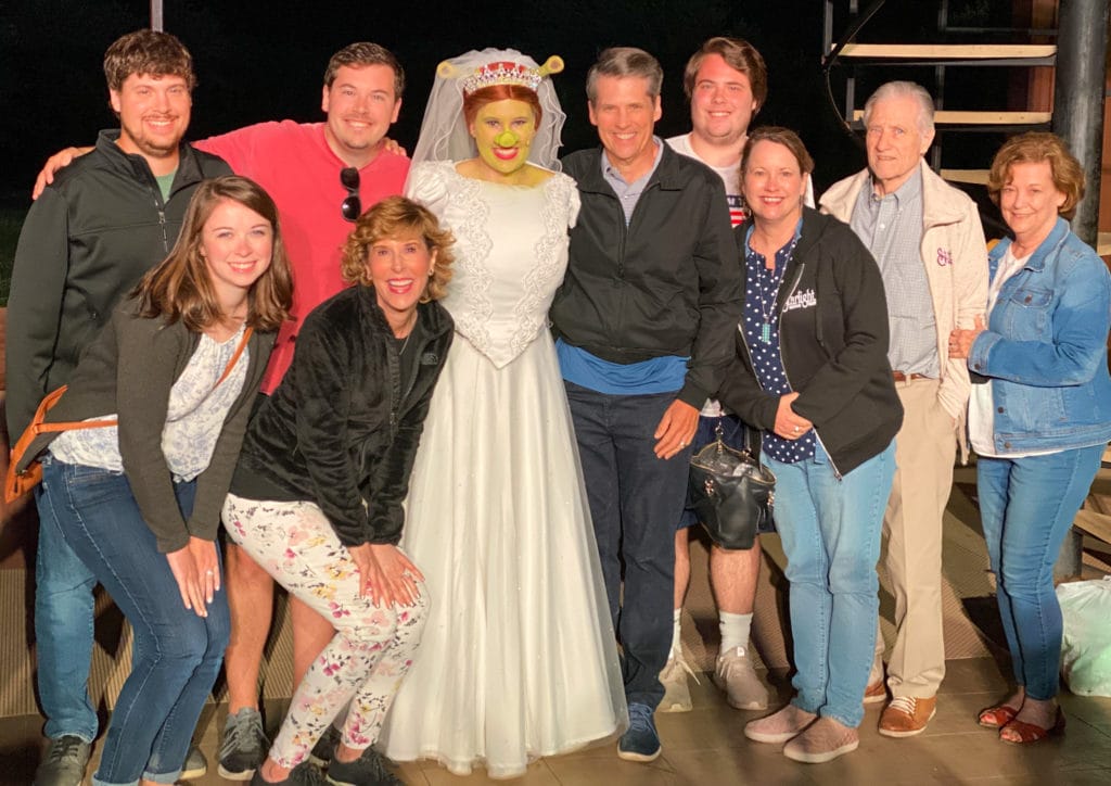 group of people gathered around fiona from shrek at starlight mountain theatre in garden valley idaho
