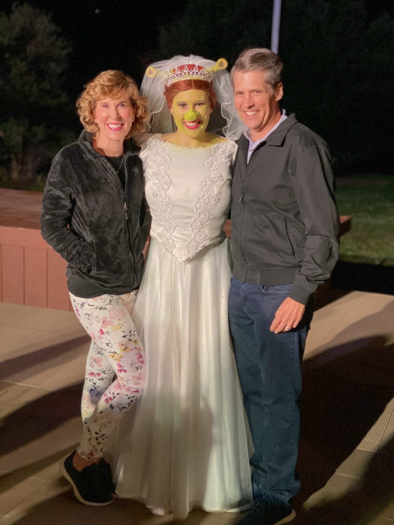 woman and man on either side of fiona from shrek at starlight mountain theatre in garden valley idaho