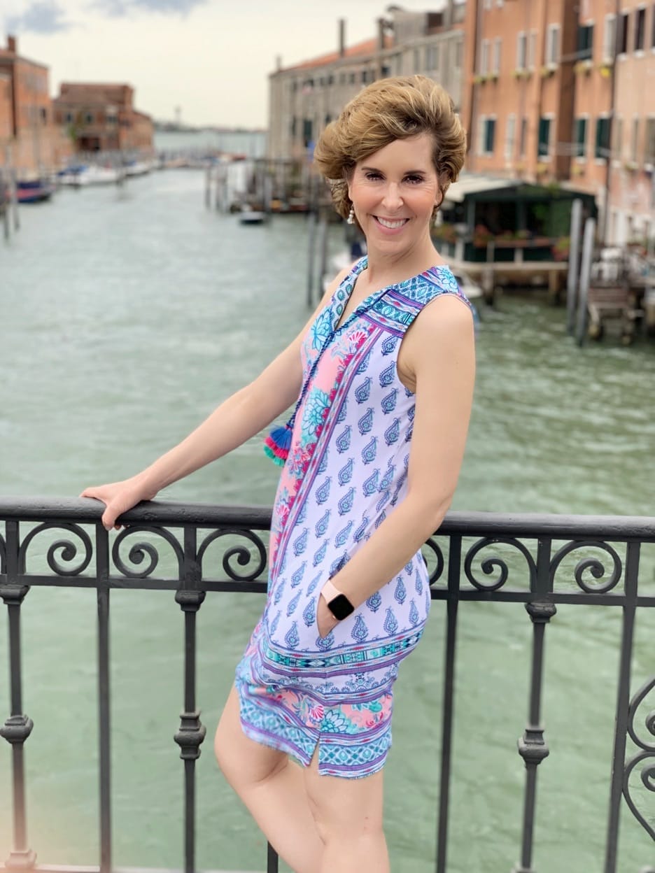 woman posing in colorful dress in venice