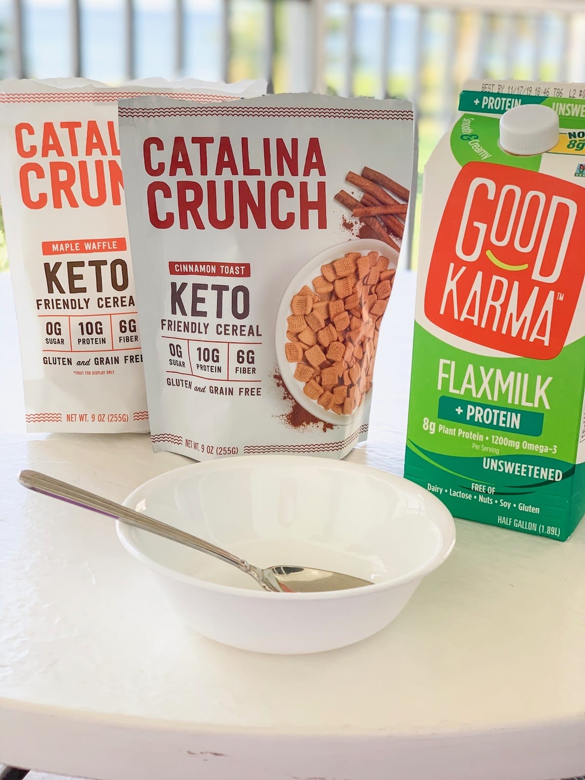 catalina crunch cereal on a table with good karma flaxmilk