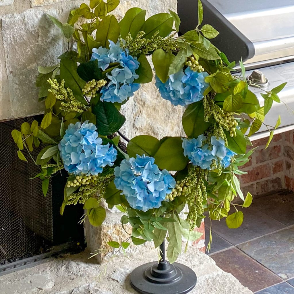 closeup of blue hydrangea wreath