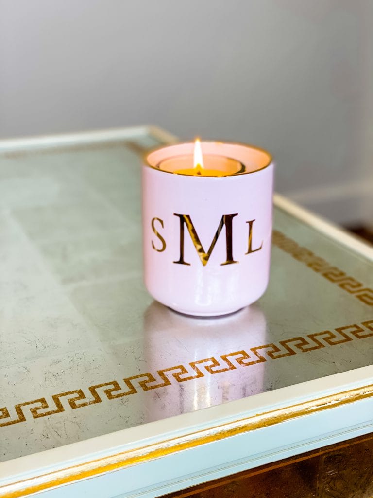 pink monogrammed candle