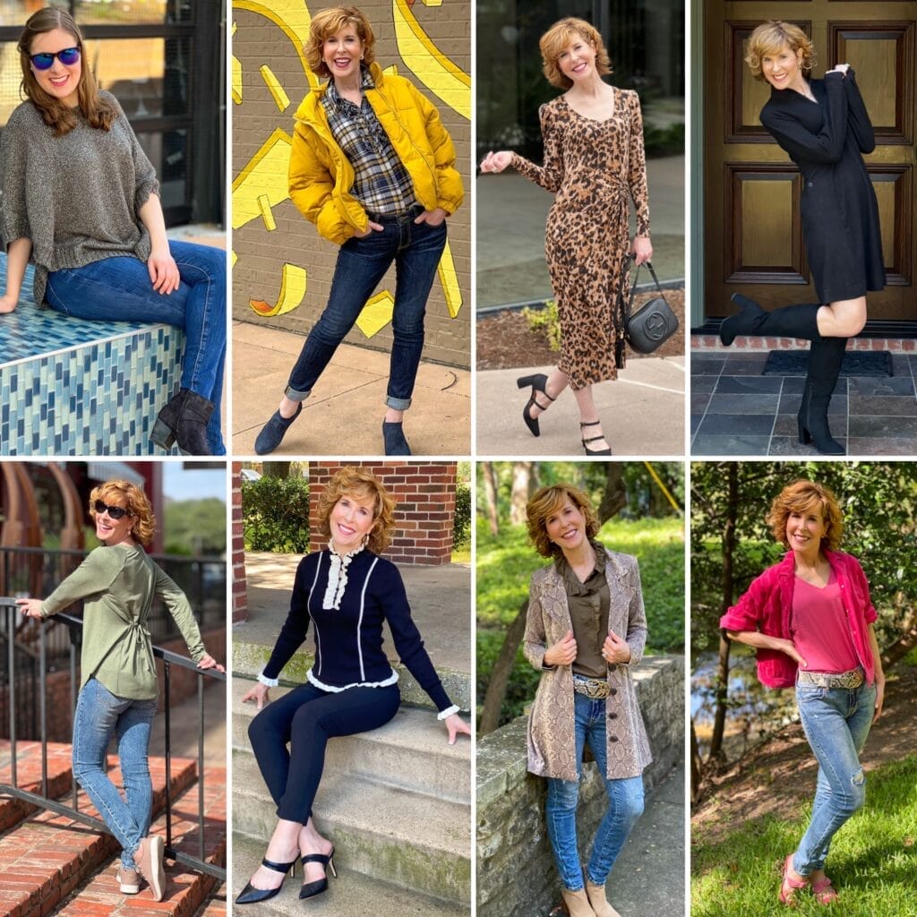 woman over 50 wearing various looks from cabi's fall 2021 collection