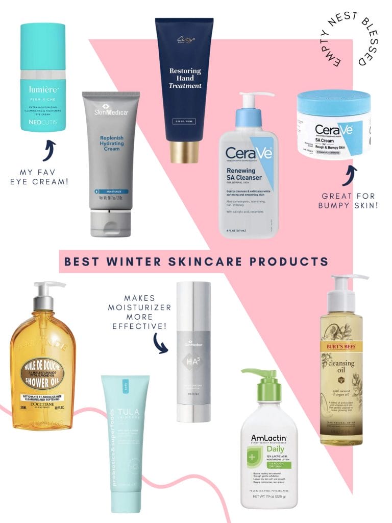 Collage of skincare products, including lotion, cleanser, serums, and more