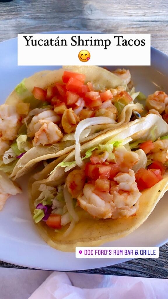 Yucatan Shrimp tacos sitting on a white plate from Doc Ford's in Sanibel Island