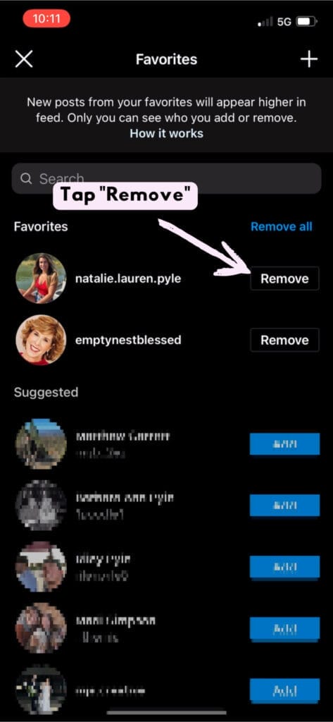 how to remove accounts to favorites on instagram