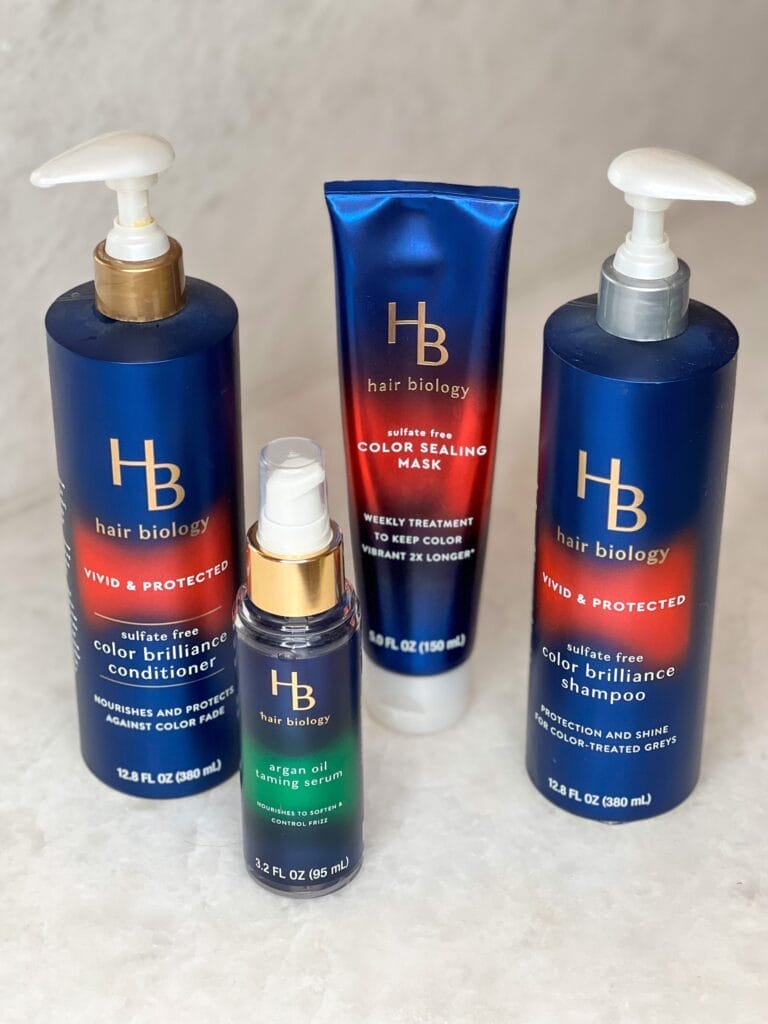 hair biology vivid and protected shampoo and conditioner, color sealing mask, argan oil taming serum