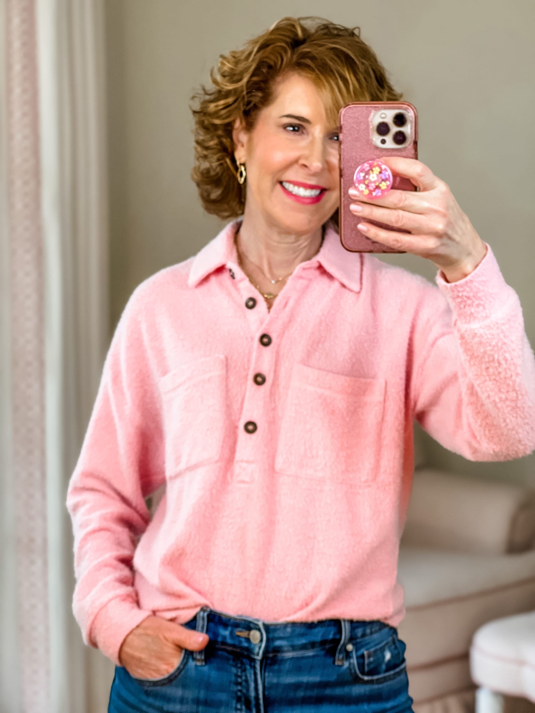 woman taking a selfie wearing nordstrom brand open edit Women's Cozy Polo Knit Top in pink peony