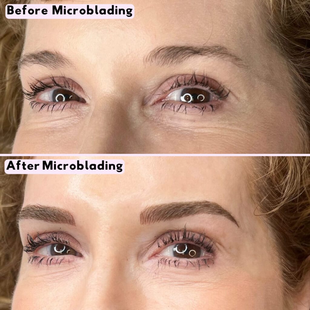 eyes of woman over 50 showing microblading and shading before and after