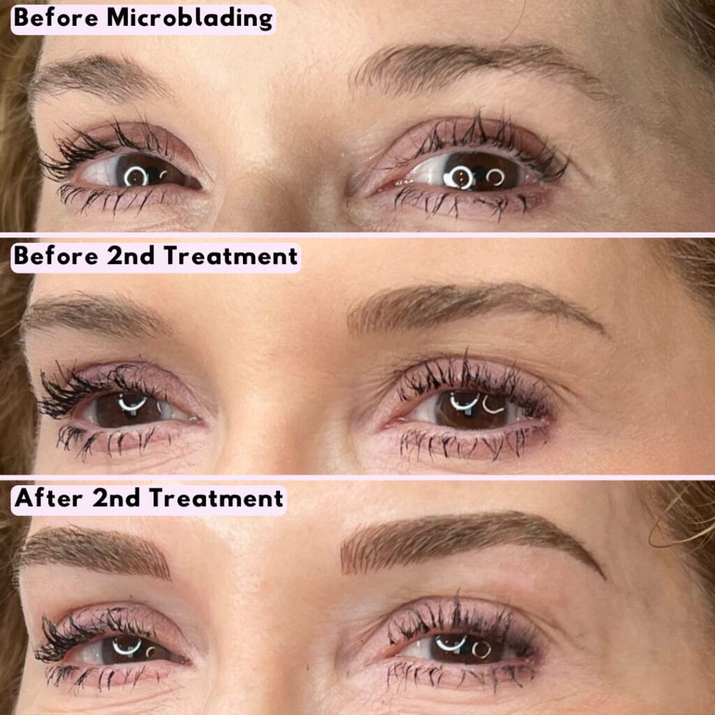 eyes of women over 50 showing microblading and shading before and after 1 treatment and 2nd treatment