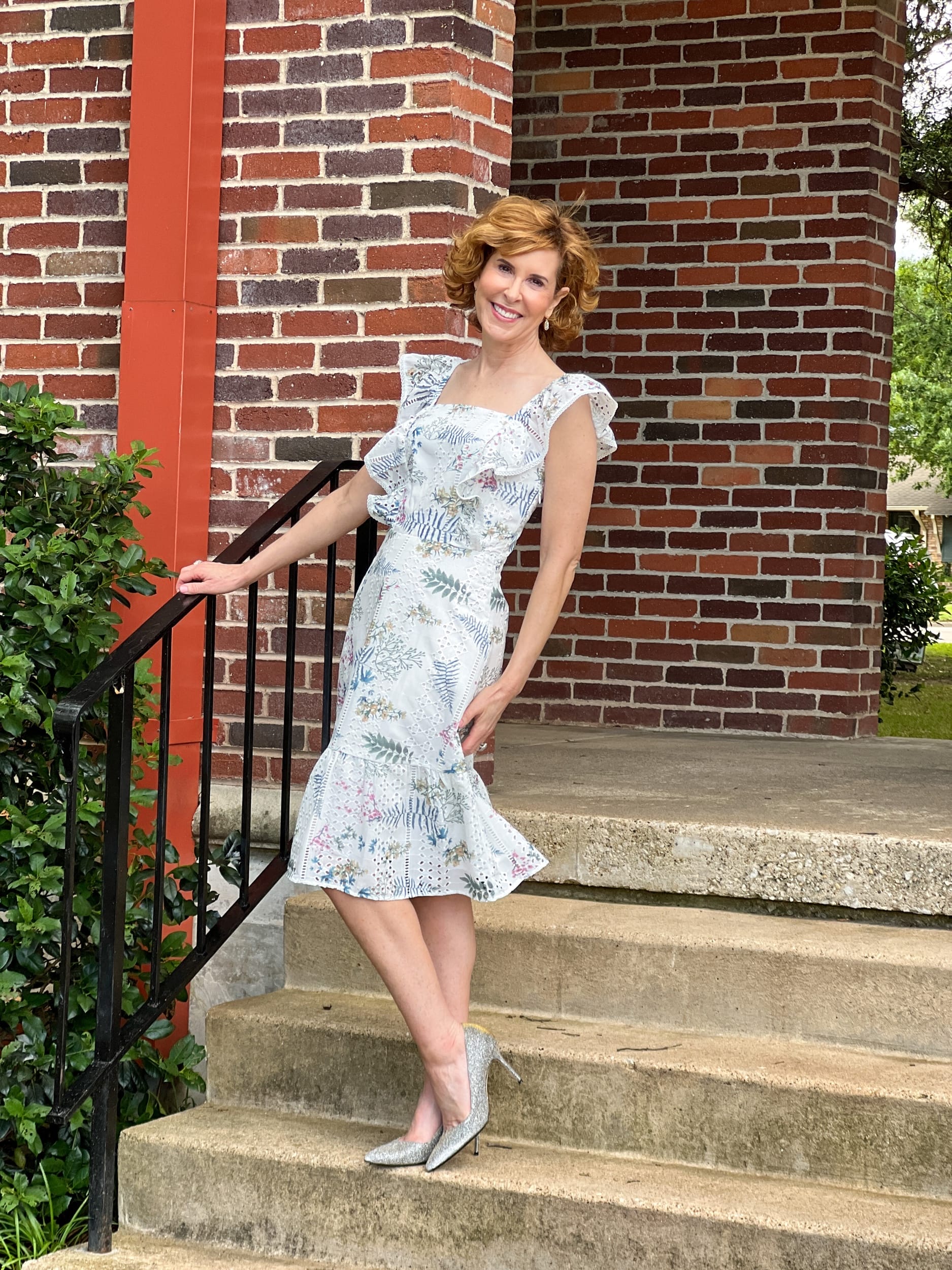 Chelsea28 Eyelet Floral Ruffle Minidress on woman over 50 going to wear it to a summer wedding