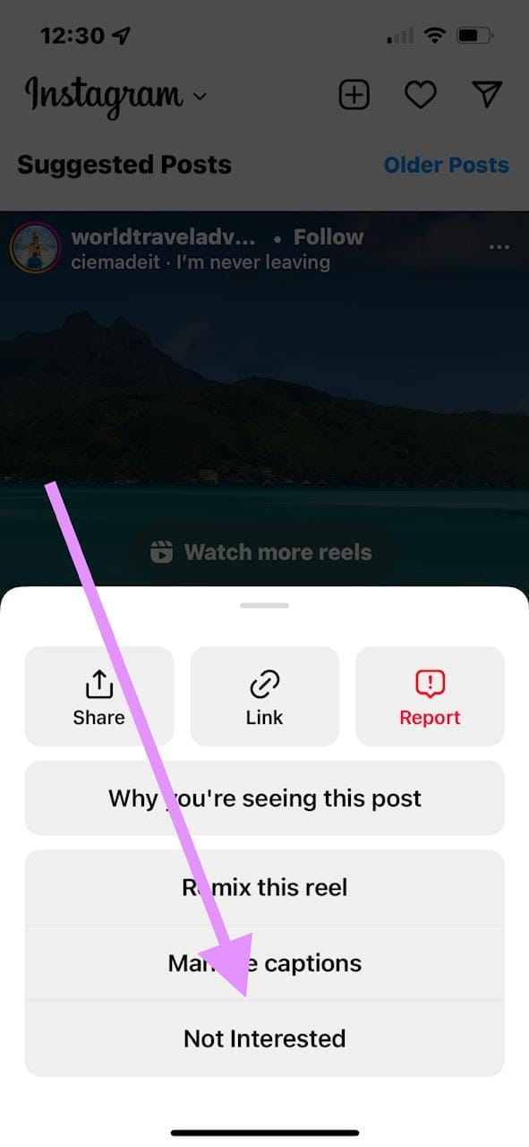 screenshot showing how to get rid of suggested posts on instagram
