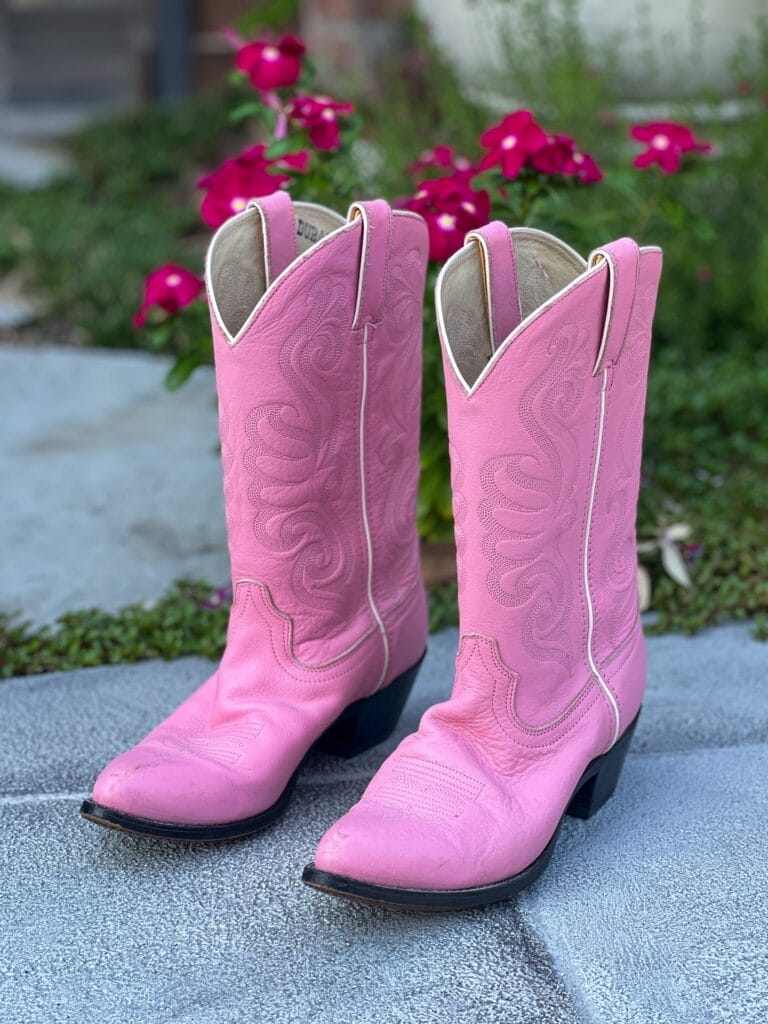 pink western boots sitting in front of a bush with pink flowers