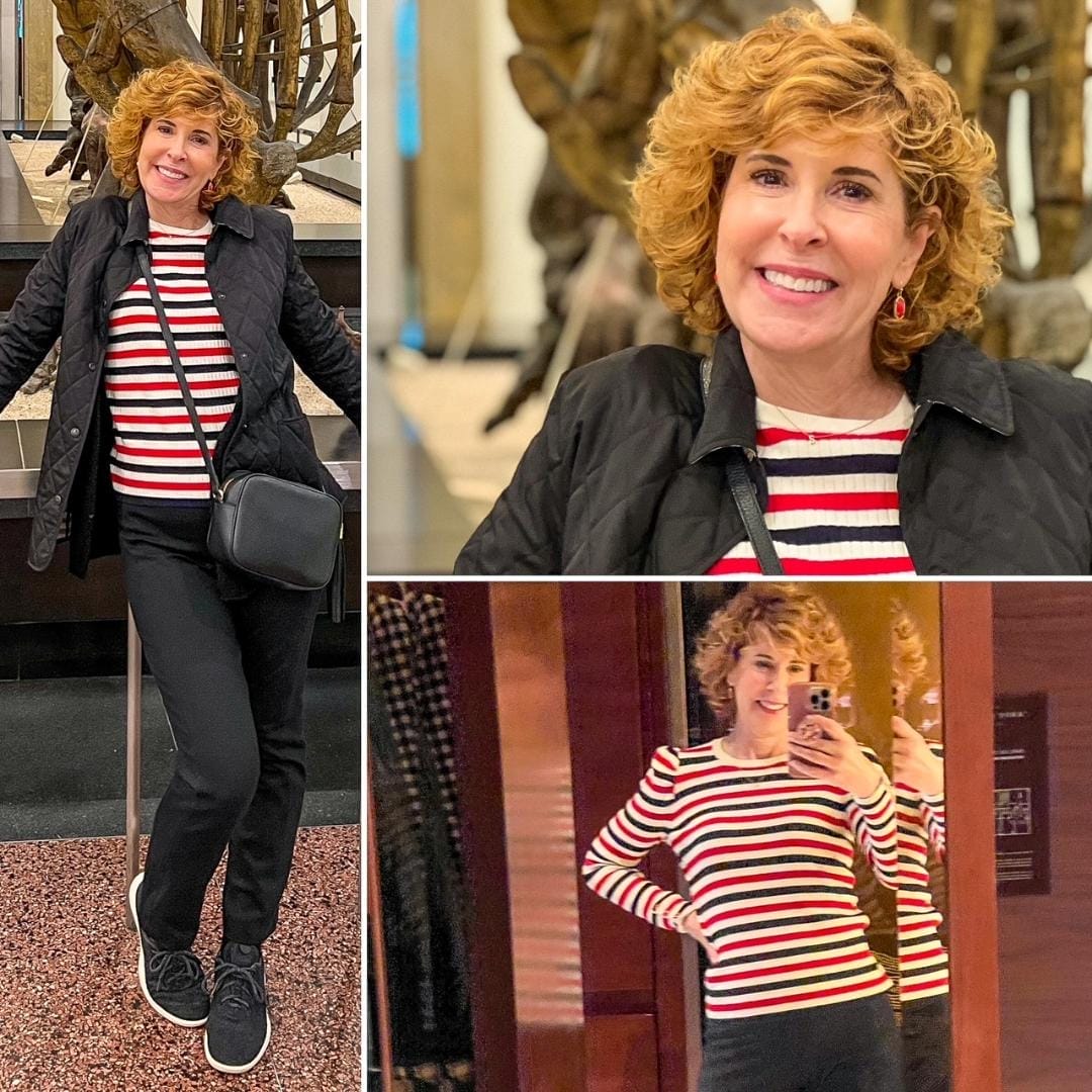 woman wearing Puff Sleeve Crewneck Pullover - French Stripe from talbots with spanx perfect pants and black allbirds wool runners with gucci crossbody and burberry jacket