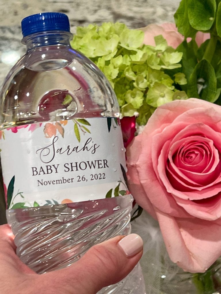baby shower labels on water bottle with flowers