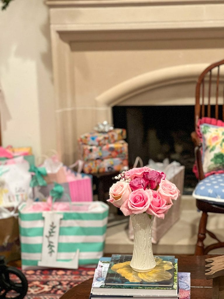 baby shower gifts in family room