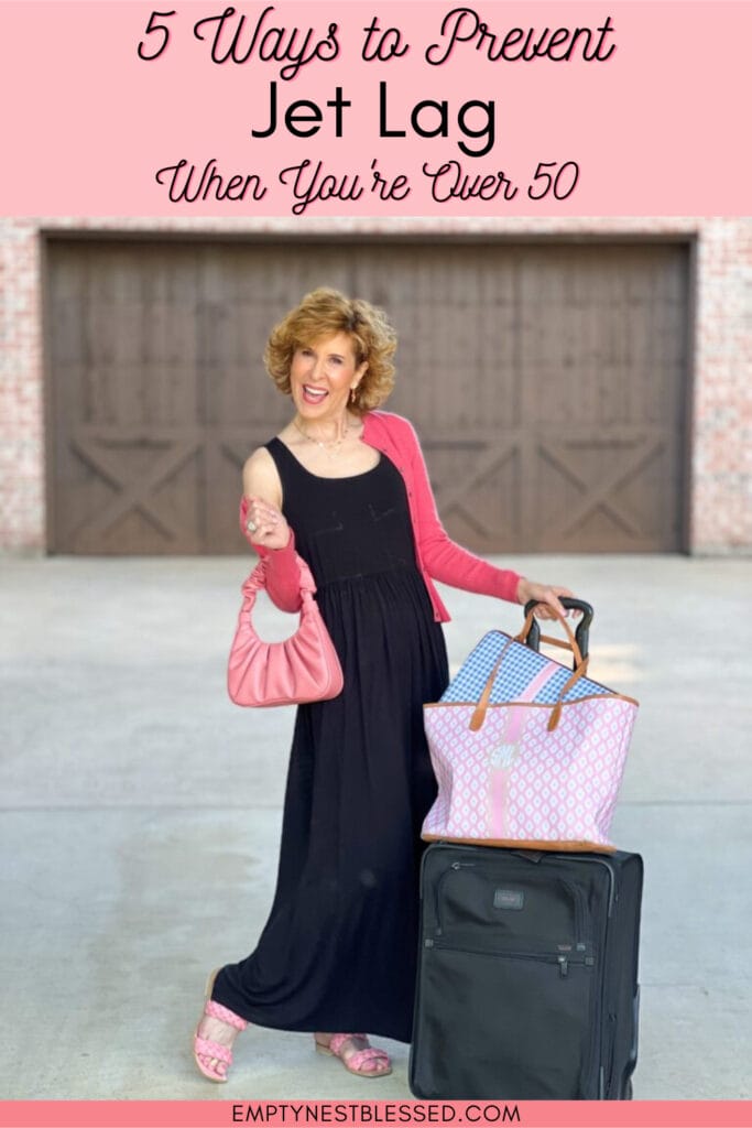 pinterest pin for blog post on 5 ways to prevent jet lag featuring woman in black maxi dress with pink accents standing next to a suitcase on a driveway