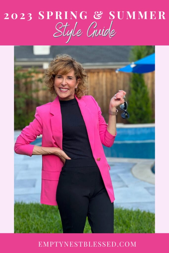 woman wearing pink blazer standing by pool introducing the 2023 spring & summer style guide
