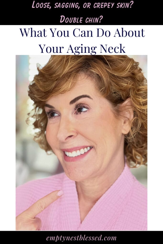 Woman pointing to her neck in pinterest pin about what to do about an aging neck