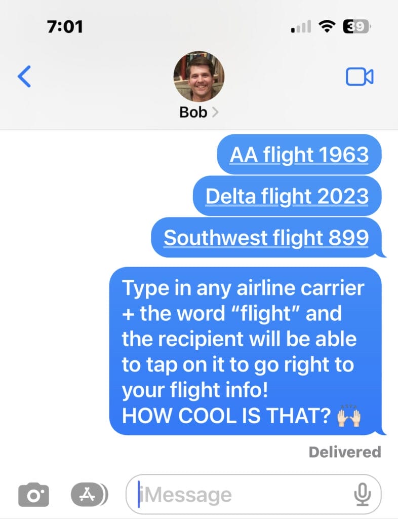 screenshot of iphone message about sharing flight information with others via text