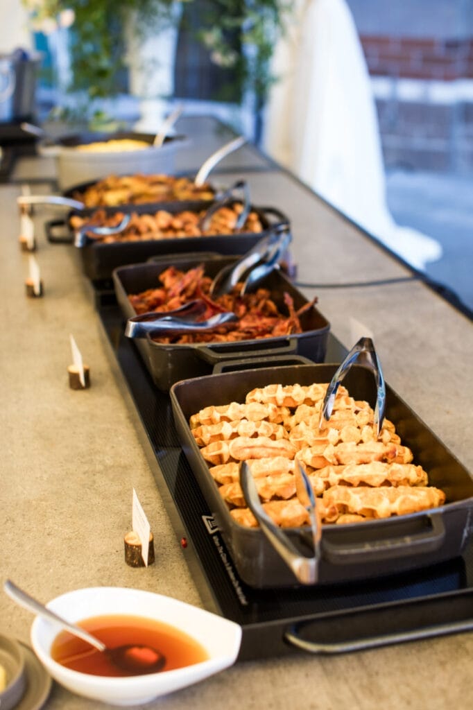 buffet line of brunch food