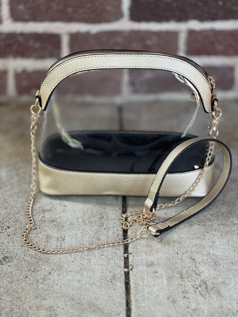 clear stadium handbag game day accessory with gold trim