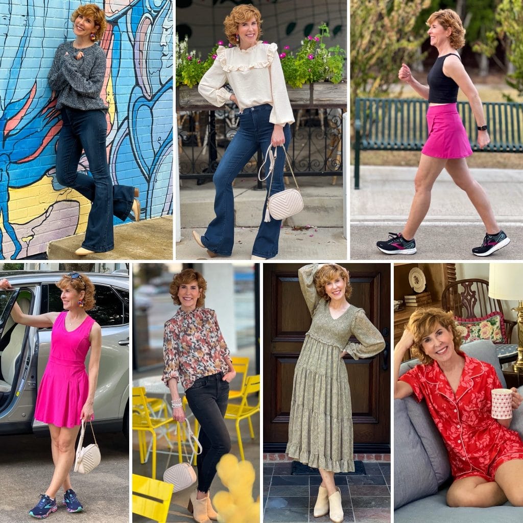 collage of woman over 50 wearing Mint Julep boutique outfits