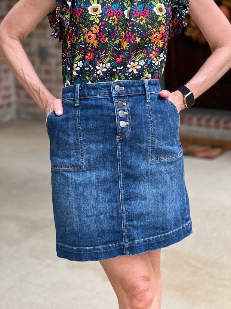 woman wearing talbots button fly denim skirt