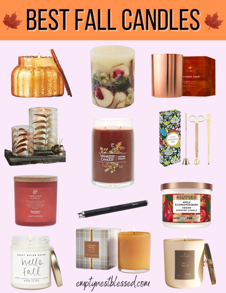 Collage of best fall candles and accessories to light candles