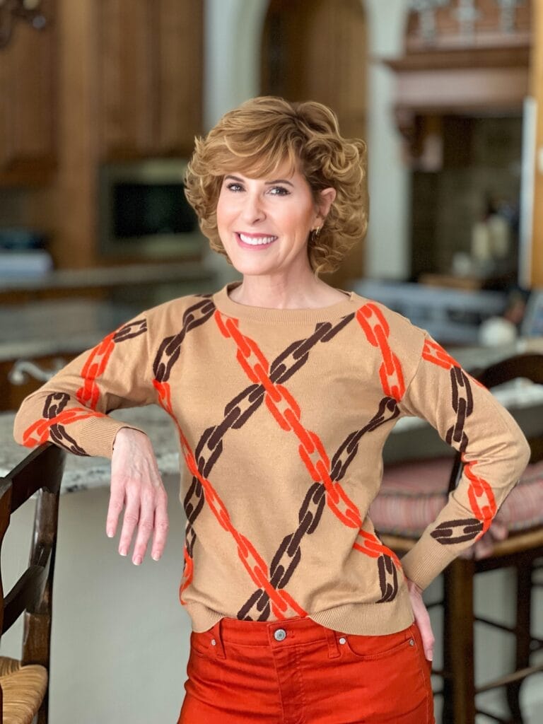 woman wearing talbots chain link sweater