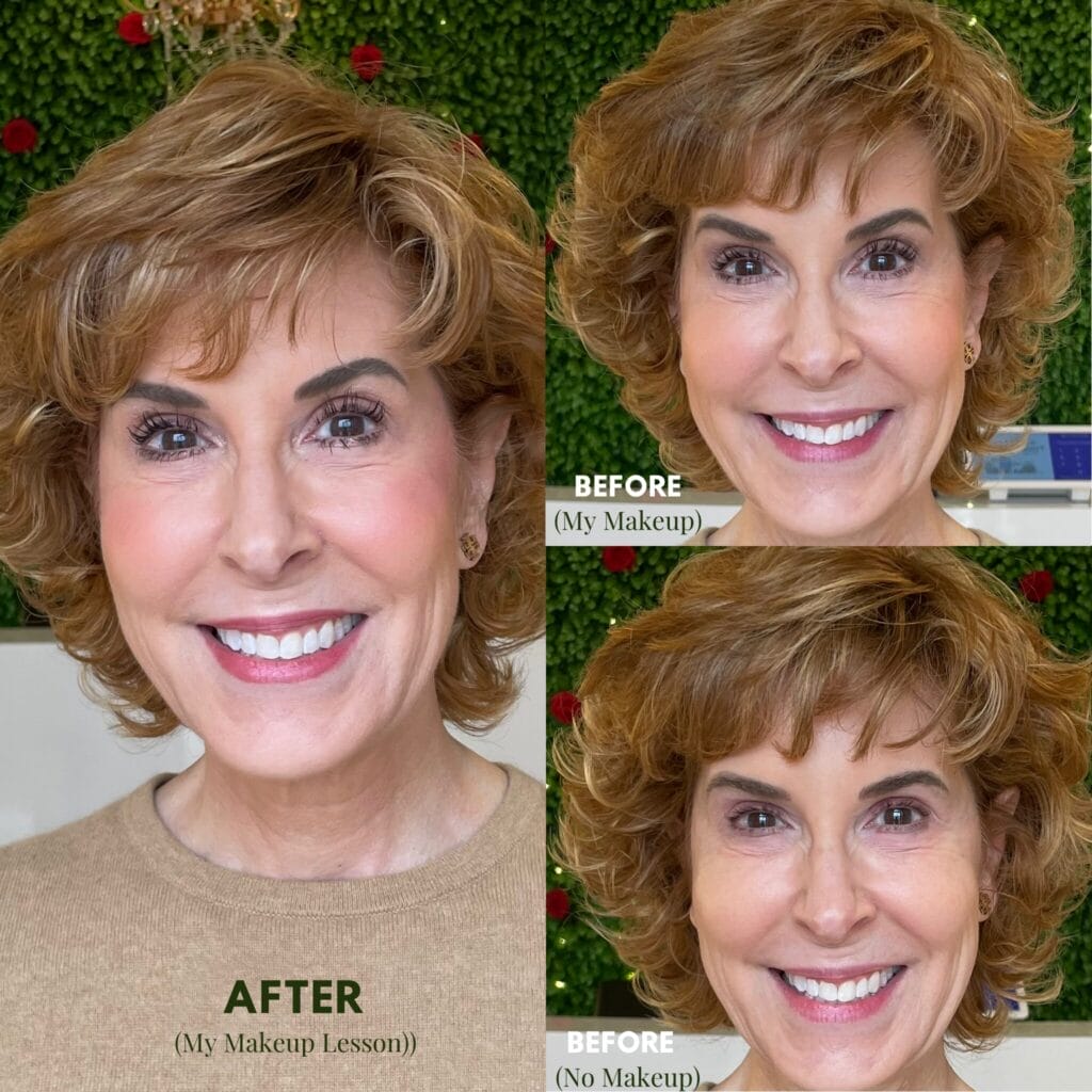 photo collage of before and after a woman's professional makeup lesson