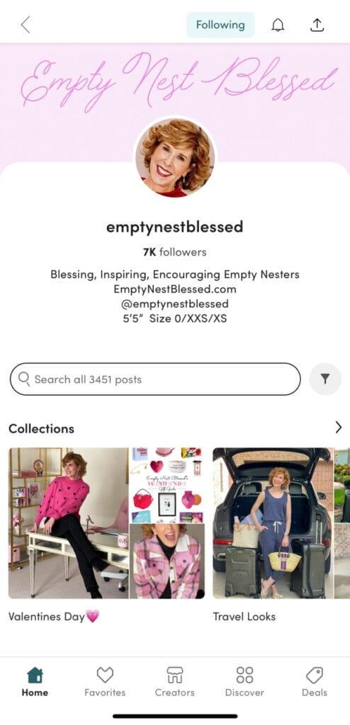 screenshot of main page of Empty Nest Blessed on LTK app