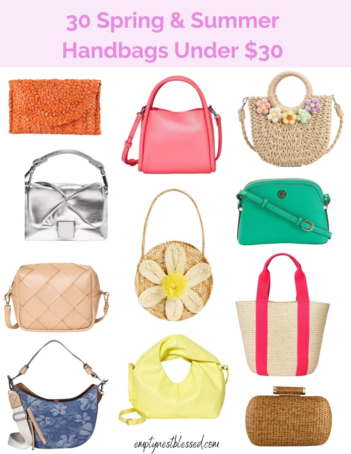 Collage of 30 spring and summer handbags under 30 dollars
