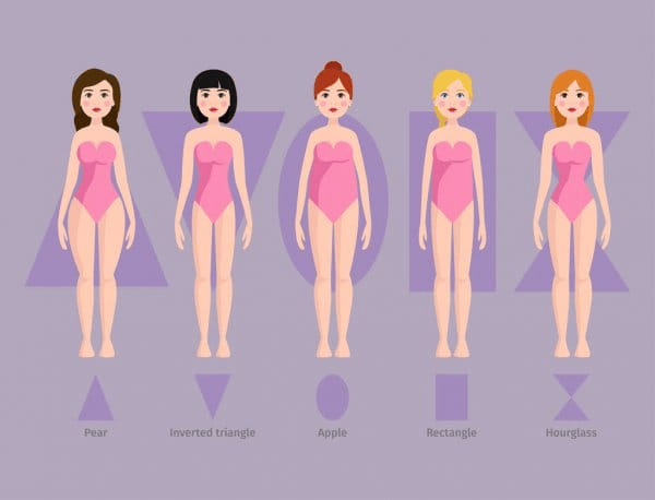 graph of different body types for women, pear, inverted triangle, apple, rectangle, hourglass