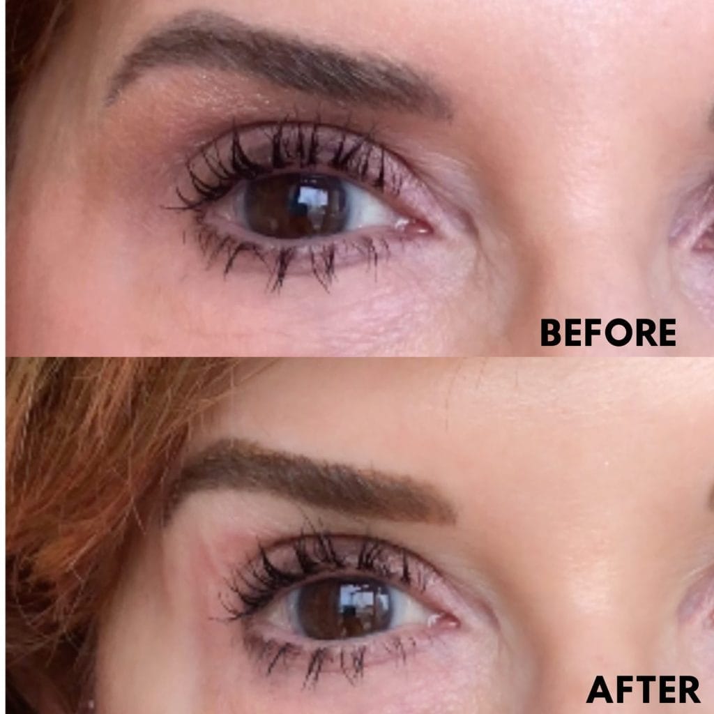 up and down before and after photo of brow microblading color correction