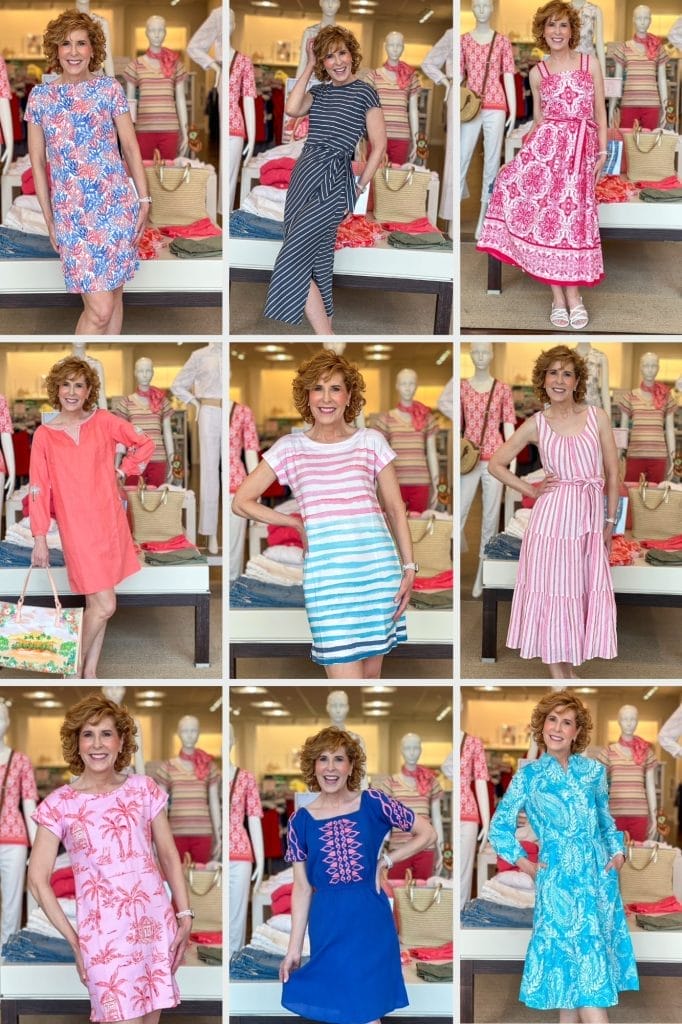collage of pictures of a woman modeling many different outfits for the Talbots June collection