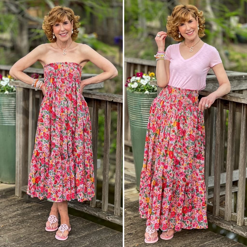 woman standing outside showing 2 ways to wear a convertible dress