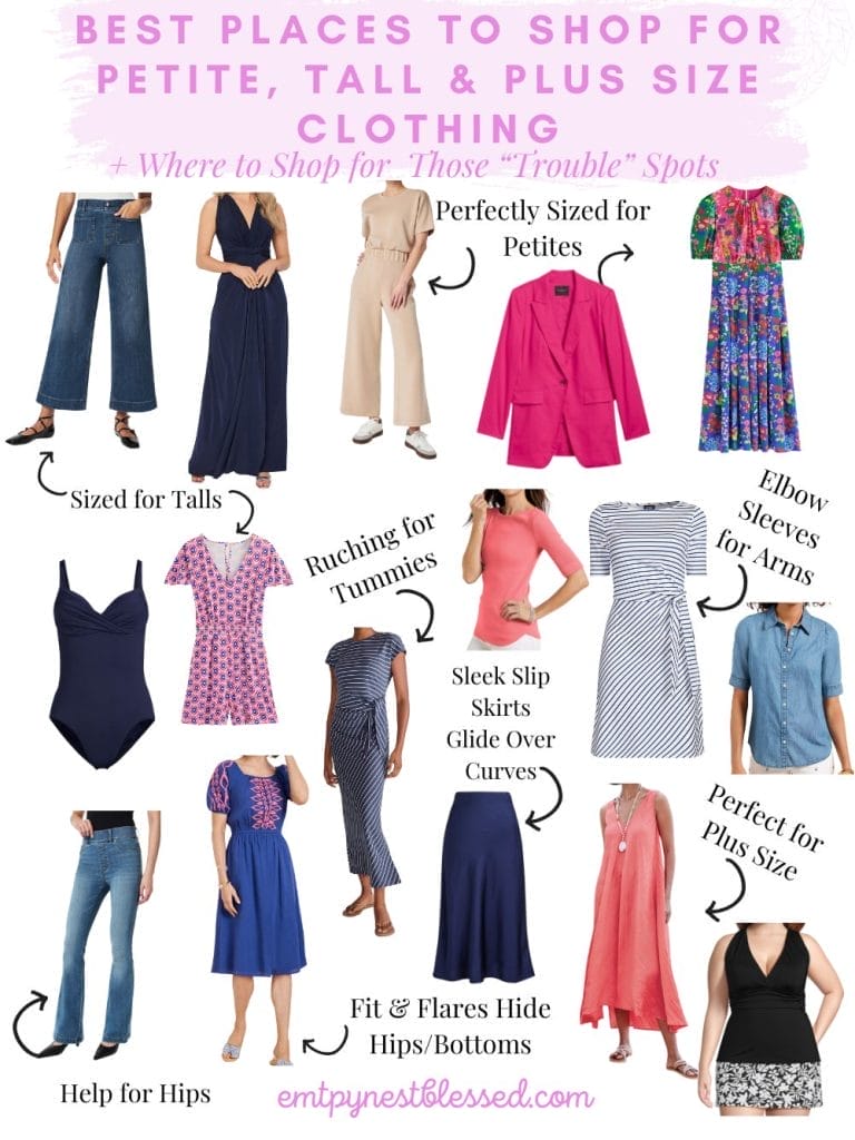 Collage of styles for petites, talls and plus sizes