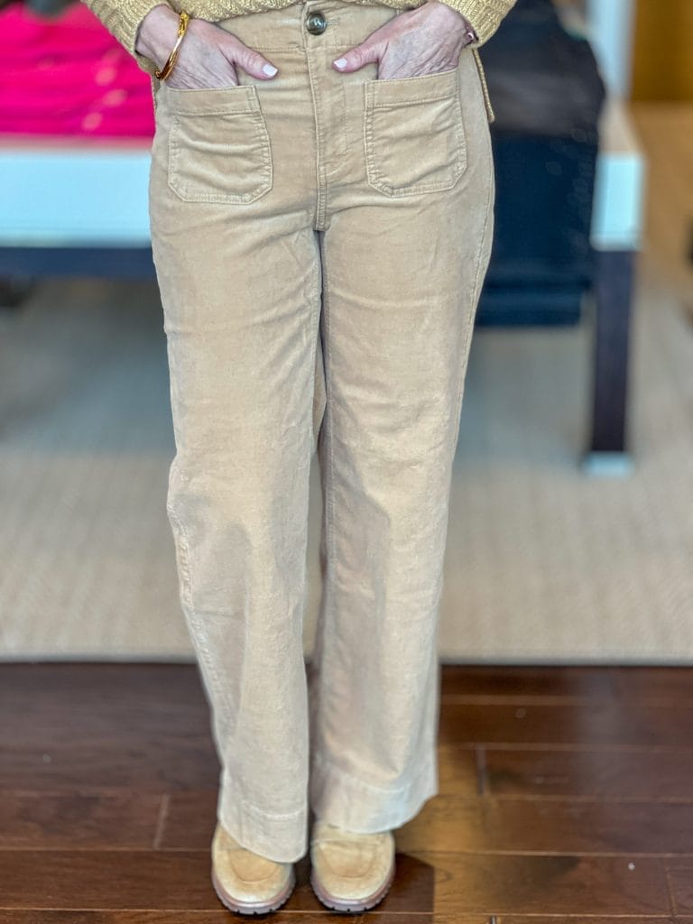 woman wearing talbots Stretch Corduroy Wide Leg Pants with patch pockets