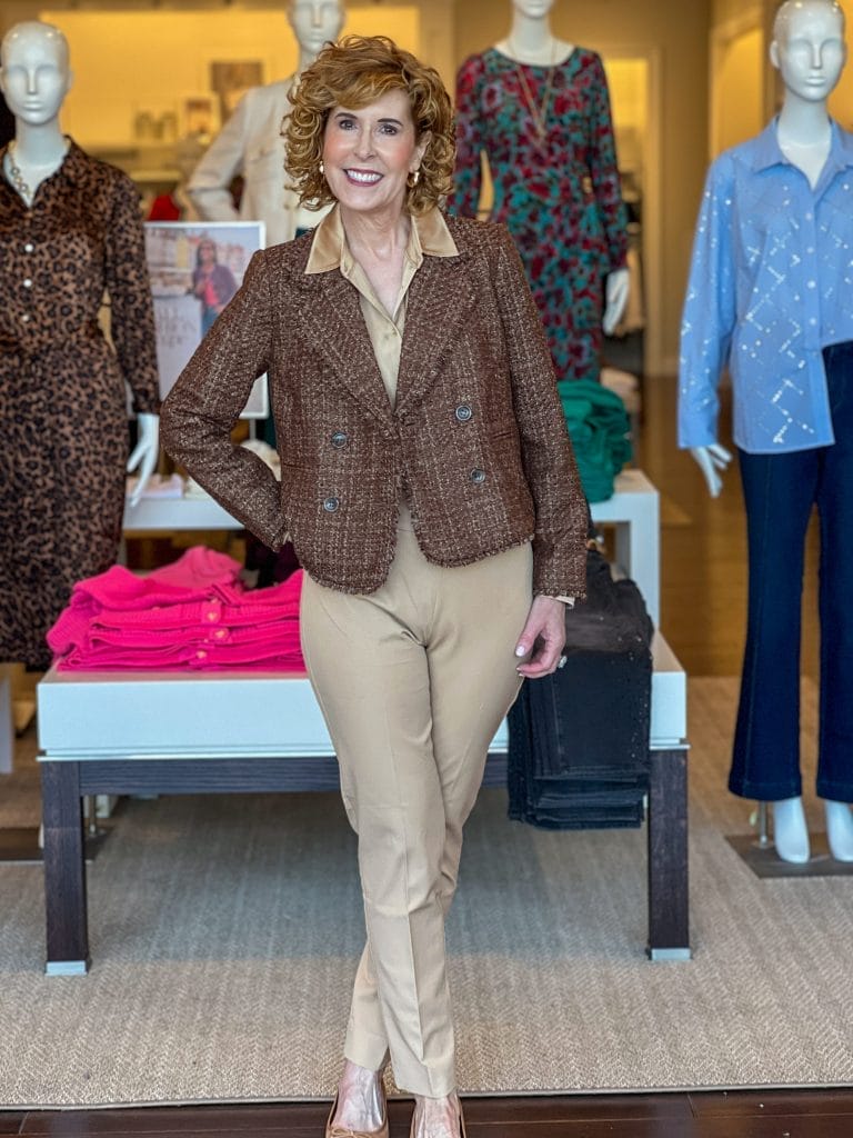 woman over 50 wearing one of the top trends of fall 2024 - the ladylike blazer