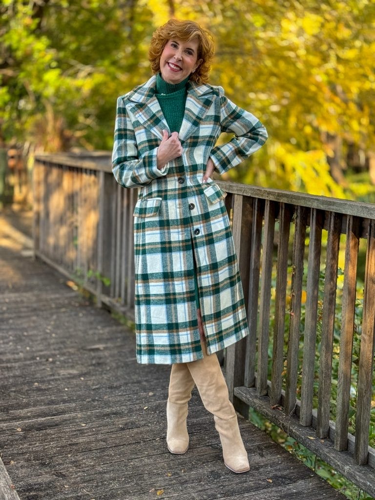 woman wearing walmart free assembly plaid coat