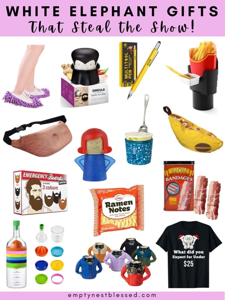 collage of white elephant gifts that steal the show